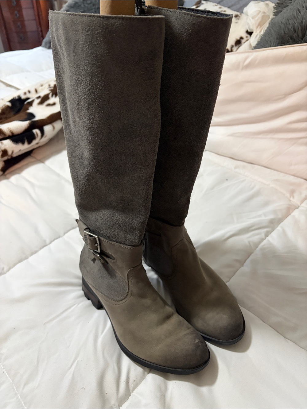 Sorel Tall Suede and Leather Riding Boots - Gray Brown
